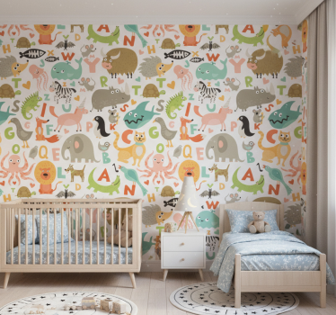 Cute animal wallpaper featuring alphabet animals - TenStickers