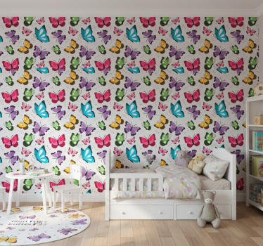 Cute animal wallpaper with colorful flying butterflies - TenStickers
