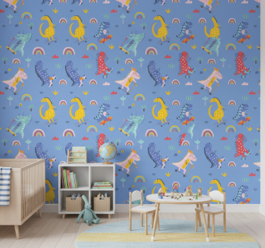 Cute skater dinosaurs wallpaper childrens room - TenStickers