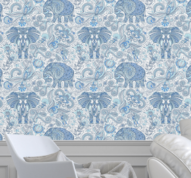 Elephant wallpaper in blue ethnic pattern - TenStickers