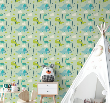 Green background nursery dinosaurus wallpaper Kids Wallpaper - TenStickers
