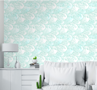 Light blue Japandi waves painting Lounge Wallpaper - TenStickers