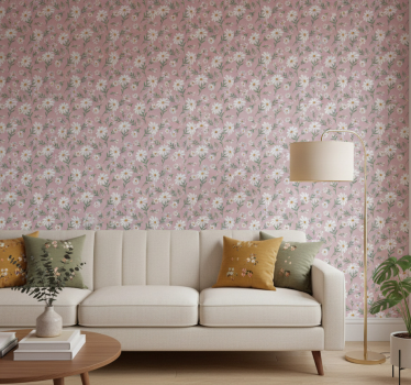 Living room wallpaper 70's pink daisy flower - TenStickers