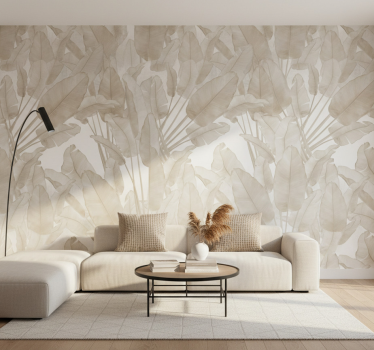 Living room wallpaper beige banana leaf - TenStickers