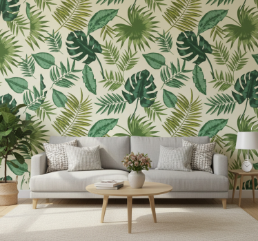 Living room wallpaper leafy tropical design - TenStickers
