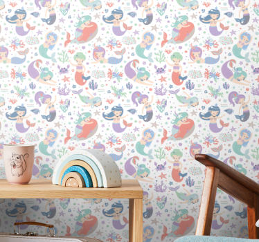 Mermaid Underwater Scene cute animal wallpaper - TenStickers