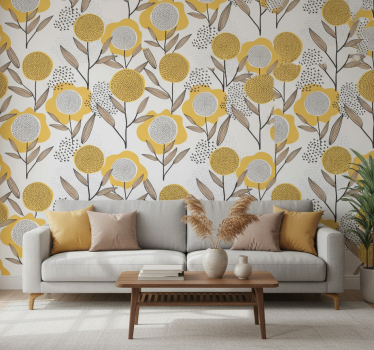 Living room wallpaper in yellow abstract floral pattern - TenStickers