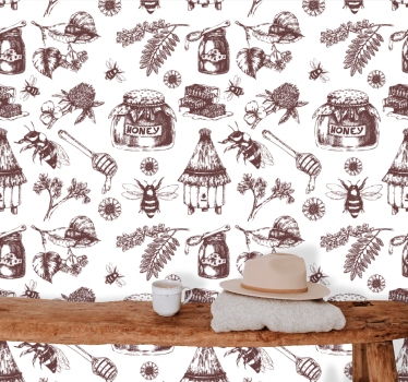 Rustic Apiary Sketch cute animal wallpaper - TenStickers