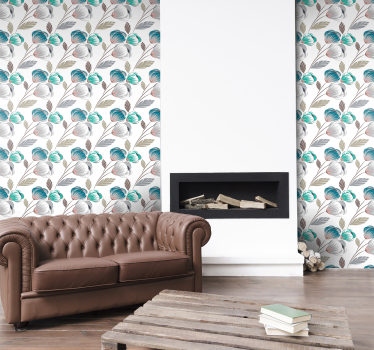 Stylish blue and gray pattern flowers wallpaper - TenStickers