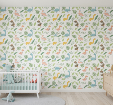 Wallpaper childrens room pastel dinosaur forest pattern - TenStickers