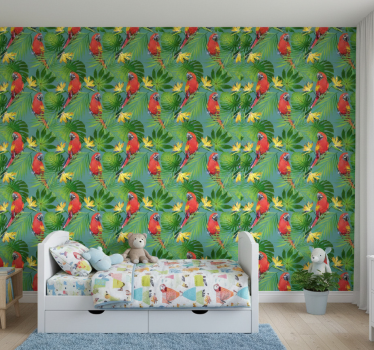 Wallpaper childrens room tropical parrots and leaves - TenStickers